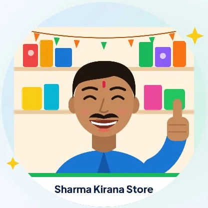 Illustration of a smiling shopkeeper at Sharma Kirana Store